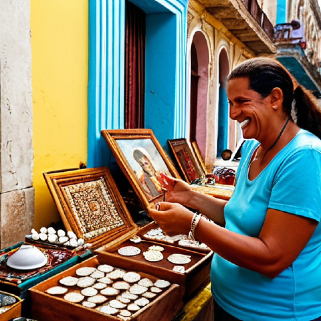 **

A vibrant street scene in Havana, Cuba. Capture the colorful architecture, classic cars, and bustling activity of tourists and locals browsing artisan stalls overflowing with handcrafted goods like paintings, wood carvings, and jewelry. Show a tourist haggling with a vendor over the price of a souvenir, with a friendly smile and a mix of CUP and MLC currency visible.

**