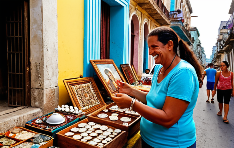 **

A vibrant street scene in Havana, Cuba. Capture the colorful architecture, classic cars, and bustling activity of tourists and locals browsing artisan stalls overflowing with handcrafted goods like paintings, wood carvings, and jewelry. Show a tourist haggling with a vendor over the price of a souvenir, with a friendly smile and a mix of CUP and MLC currency visible.

**
