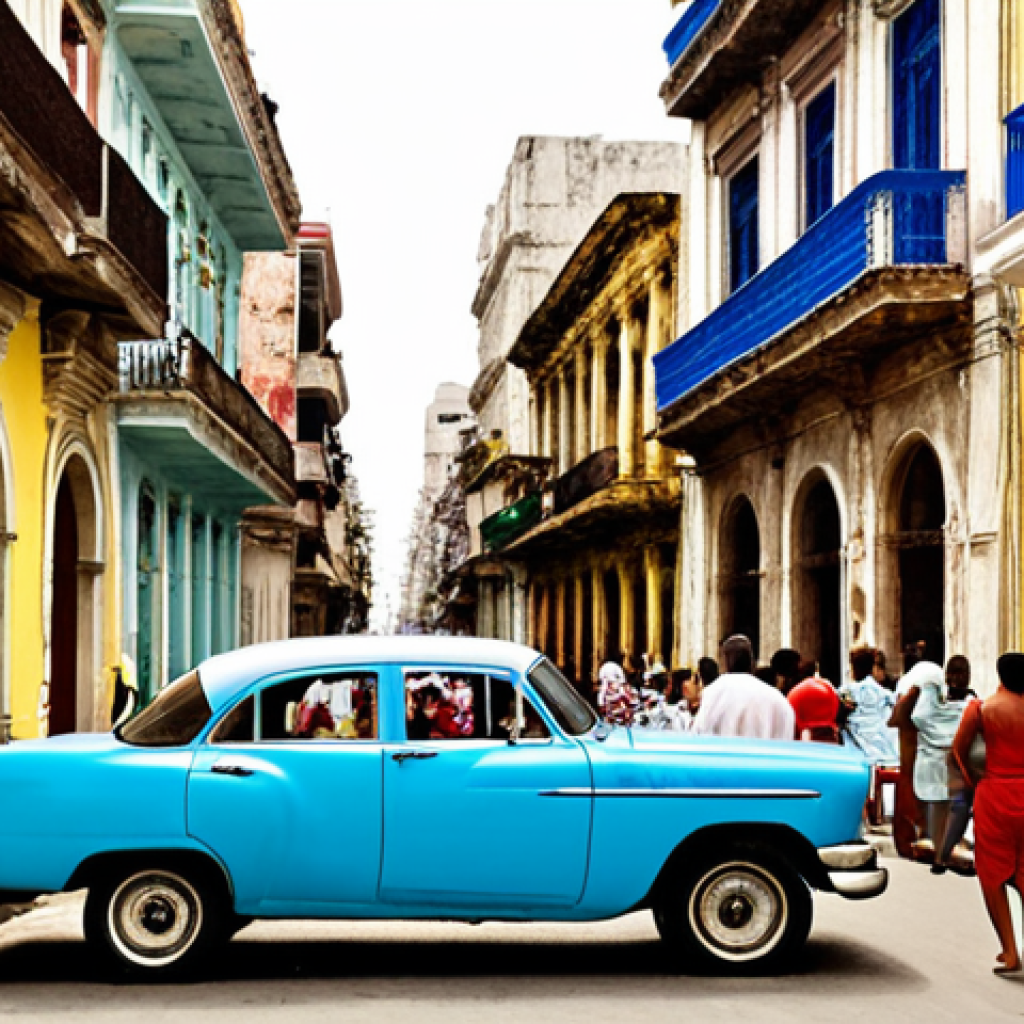 **Prompt:** A vibrant, sun-drenched street scene in La Habana Vieja during the Havana International Jazz Festival. Capture the colorful colonial architecture, a vintage American car, and the lively atmosphere with musicians playing in the background. The overall feeling should be one of nostalgia mixed with contemporary Cuban life, emphasizing the unique ambiance described in the text.