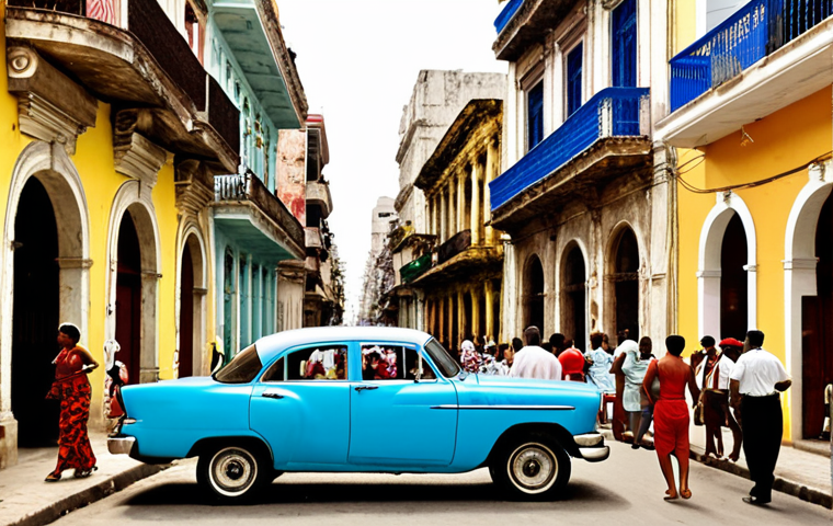 **Prompt:** A vibrant, sun-drenched street scene in La Habana Vieja during the Havana International Jazz Festival. Capture the colorful colonial architecture, a vintage American car, and the lively atmosphere with musicians playing in the background. The overall feeling should be one of nostalgia mixed with contemporary Cuban life, emphasizing the unique ambiance described in the text.