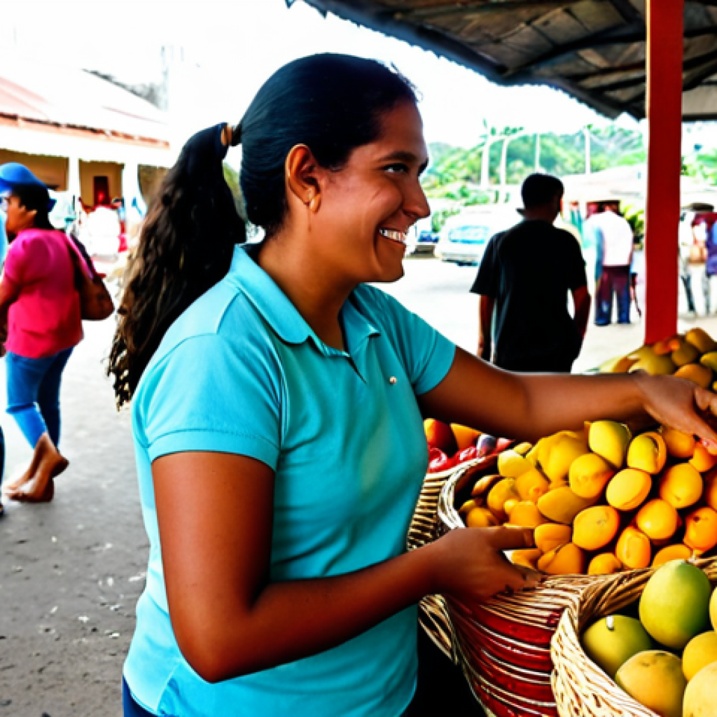 A friendly Cuban woman, fully clothed in modest, vibrant local attire, engaged in a warm conversation at a bustling *agromercado* (farmer's market). She is surrounded by abundant piles of fresh, colorful tropical fruits like mangoes, pineapples, and guavas in traditional woven baskets. The scene captures the lively, authentic atmosphere of daily life, with soft natural light. safe for work, appropriate content, fully clothed, family-friendly, perfect anatomy, correct proportions, natural pose, well-formed hands, proper finger count, natural body proportions, professional photography, high quality.