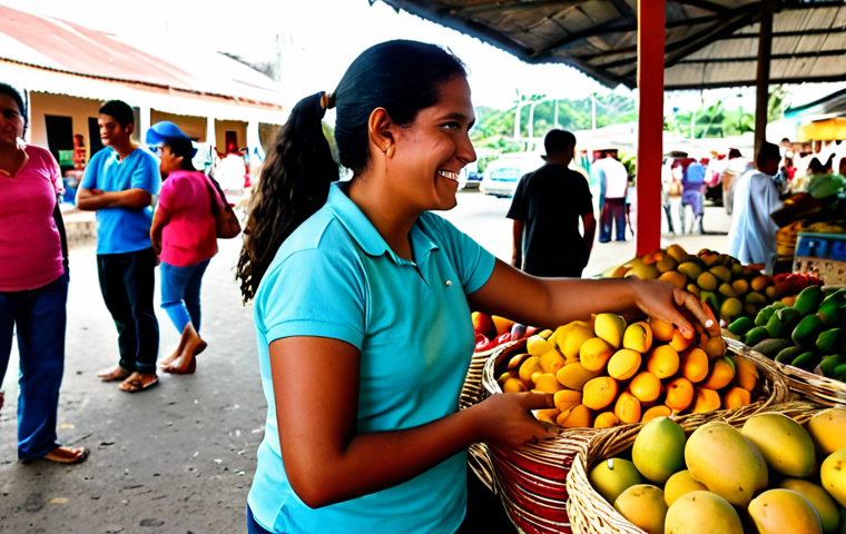 A friendly Cuban woman, fully clothed in modest, vibrant local attire, engaged in a warm conversation at a bustling *agromercado* (farmer's market). She is surrounded by abundant piles of fresh, colorful tropical fruits like mangoes, pineapples, and guavas in traditional woven baskets. The scene captures the lively, authentic atmosphere of daily life, with soft natural light. safe for work, appropriate content, fully clothed, family-friendly, perfect anatomy, correct proportions, natural pose, well-formed hands, proper finger count, natural body proportions, professional photography, high quality.