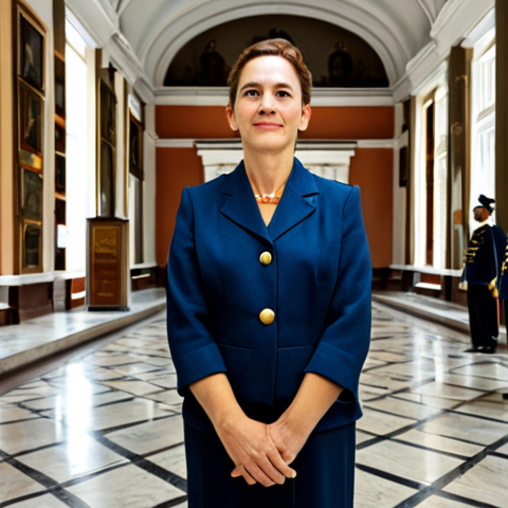 A professional historian, fully clothed in a modest business suit, stands respectfully in a grand hall of a Cuban museum, reminiscent of the Museo de la Revolución. She is observing a well-preserved display case containing historical Cuban artifacts, including vintage military uniforms and aged documents. The environment features high ceilings, classical architecture, and soft, ambient lighting. The scene conveys a sense of educational exploration and deep respect for history. Appropriate attire, safe for work, perfect anatomy, correct proportions, natural pose, well-formed hands, proper finger count, natural body proportions, professional photography, high quality, family-friendly content.