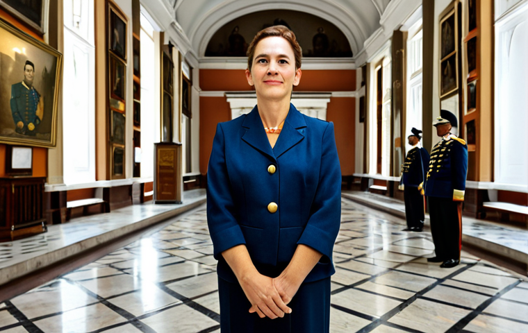 A professional historian, fully clothed in a modest business suit, stands respectfully in a grand hall of a Cuban museum, reminiscent of the Museo de la Revoluci&oacute;n. She is observing a well-preserved display case containing historical Cuban artifacts, including vintage military uniforms and aged documents. The environment features high ceilings, classical architecture, and soft, ambient lighting. The scene conveys a sense of educational exploration and deep respect for history. Appropriate attire, safe for work, perfect anatomy, correct proportions, natural pose, well-formed hands, proper finger count, natural body proportions, professional photography, high quality, family-friendly content.