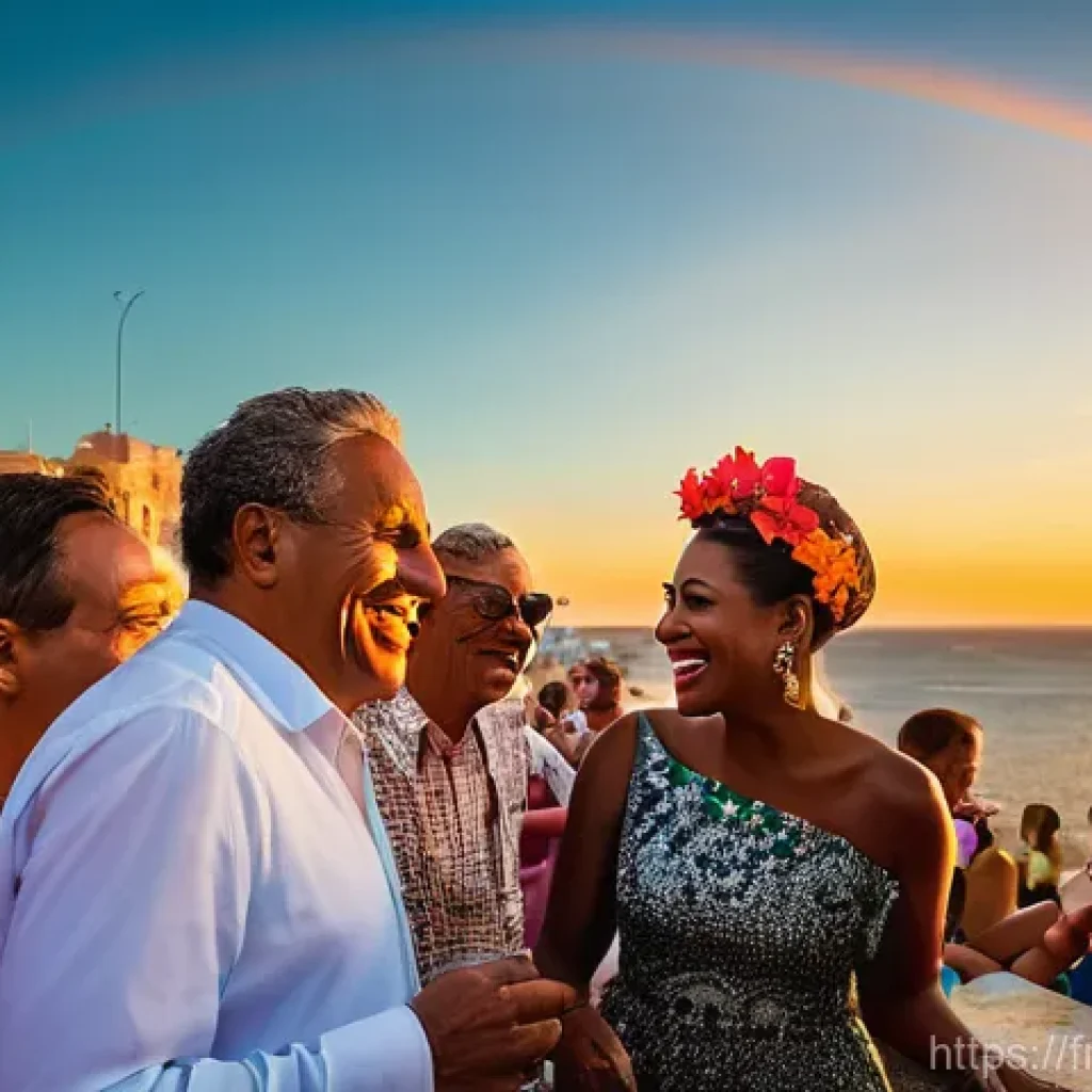 쿠바에서 동성애자 여행자의 경험 - A vibrant and joyful "Sunset Rainbow" party scene on a stylish rooftop terrace at Malecón 663 in Hav...