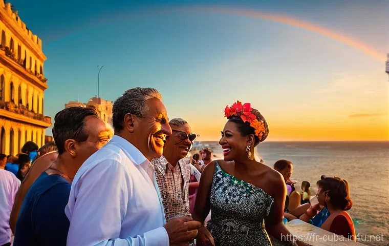 쿠바에서 동성애자 여행자의 경험 - A vibrant and joyful "Sunset Rainbow" party scene on a stylish rooftop terrace at Malecón 663 in Hav...