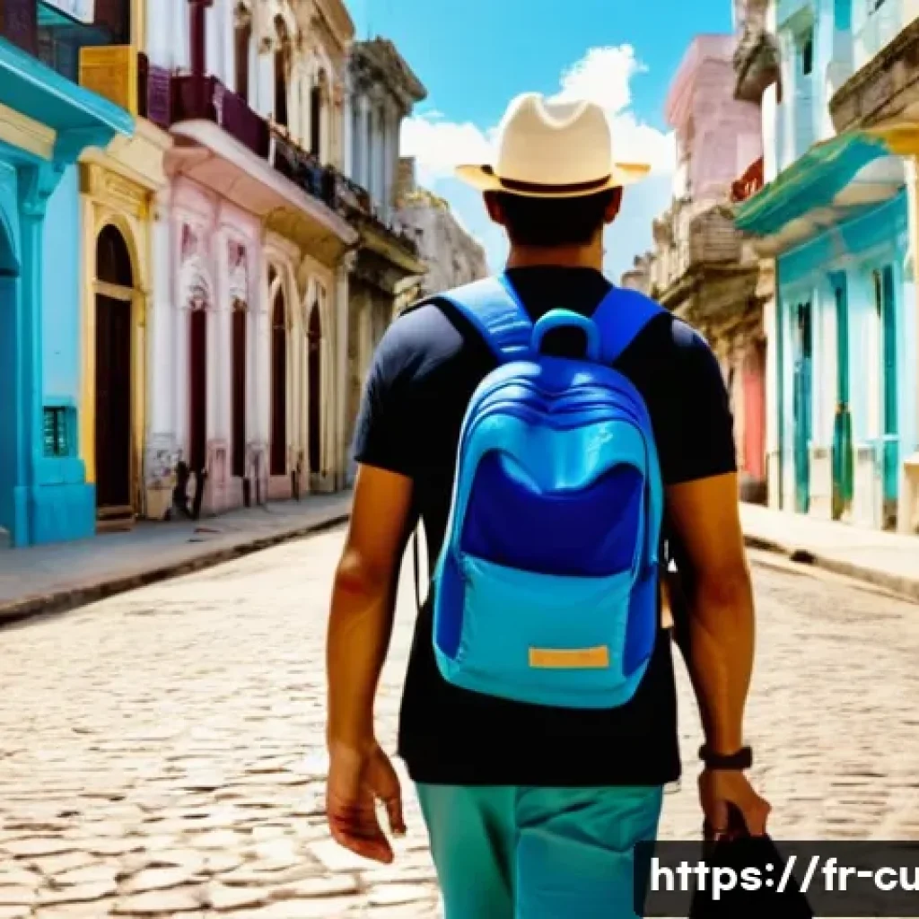 쿠바에서 배낭여행하는 법 - A traveler in Cuba walking through the colorful, cobblestone streets of Old Havana, carrying a comfo...