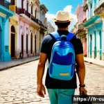Home 21 쿠바에서 배낭여행하는 법 - A traveler in Cuba walking through the colorful, cobblestone streets of Old Havana, carrying a comfo...