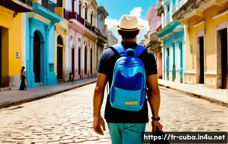 쿠바에서 배낭여행하는 법 - A traveler in Cuba walking through the colorful, cobblestone streets of Old Havana, carrying a comfo...