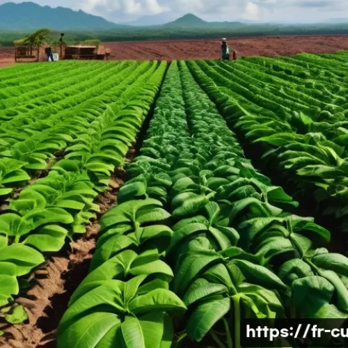 Home 32 쿠바에서 유명한 시가 브랜드 - A vibrant Cuban tobacco farm in the Vuelta Abajo region under a bright tropical sky, showcasing lush...
