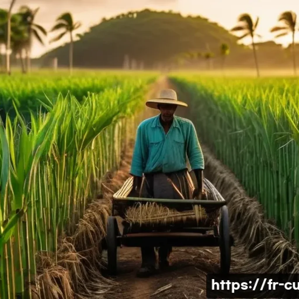 쿠바의 주요 수출 품목 - A vibrant Cuban sugarcane plantation scene at sunrise, showcasing rows of tall, lush green sugarcane...
