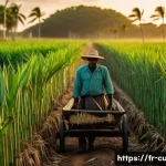 Home 19 쿠바의 주요 수출 품목 - A vibrant Cuban sugarcane plantation scene at sunrise, showcasing rows of tall, lush green sugarcane...