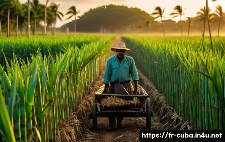 쿠바의 주요 수출 품목 - A vibrant Cuban sugarcane plantation scene at sunrise, showcasing rows of tall, lush green sugarcane...