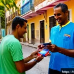 Home 18 쿠바에서 국제 전화 및 통신 방법 - A detailed scene of a traveler purchasing a local Cuban SIM card at a small, brightly colored street...