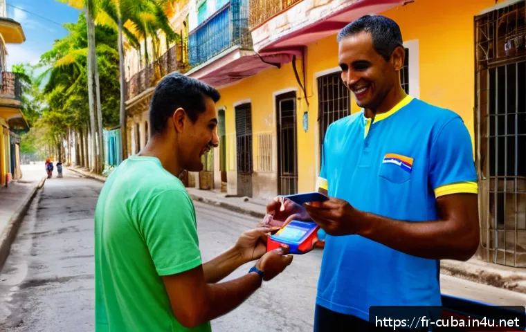 쿠바에서 국제 전화 및 통신 방법 - A detailed scene of a traveler purchasing a local Cuban SIM card at a small, brightly colored street...