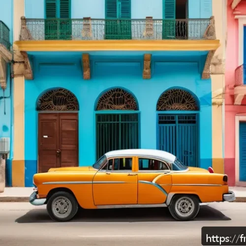 Home 17 쿠바에서 자동차 렌트 가능한가 - A vibrant Cuban street scene featuring a modern compact rental car parked near colorful colonial bui...