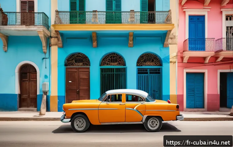 쿠바에서 자동차 렌트 가능한가 - A vibrant Cuban street scene featuring a modern compact rental car parked near colorful colonial bui...