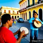 쿠바 거리 공연 문화 - Photorealistic Havana street performance at golden hour, a lively Cuban son ensemble playing congas,...