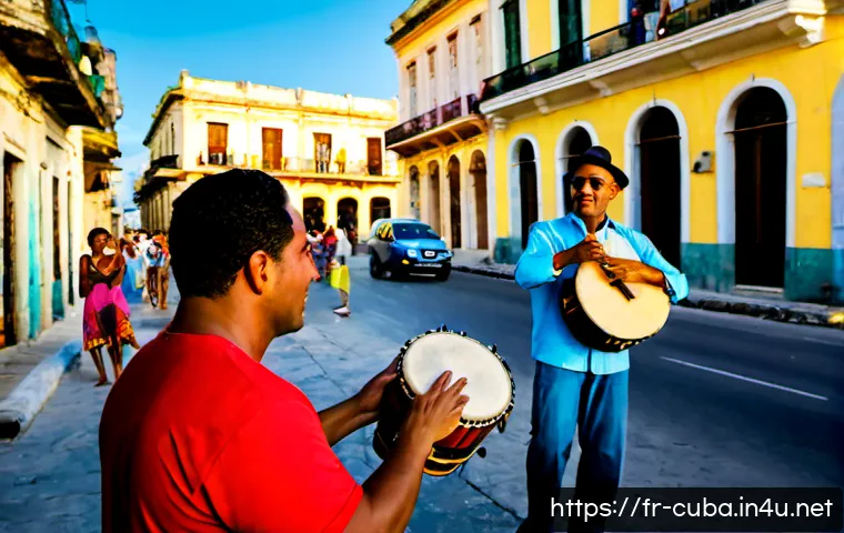 쿠바 거리 공연 문화 - Photorealistic Havana street performance at golden hour, a lively Cuban son ensemble playing congas,...