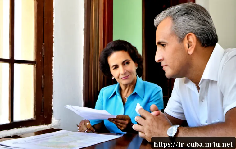 쿠바에서 합법적인 부동산 거래 가능성 - Photorealistic real estate consultation in Havana, Cuba: a French-speaking middle-aged couple seated...