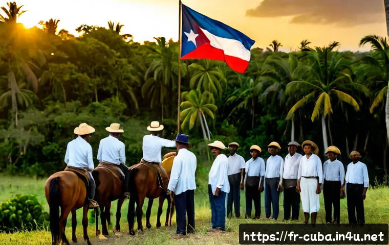 쿠바 독립운동과 역사적 사건 - Photorealistic late-19th-century Cuban independence gathering in a lush rural landscape, diverse Cub...